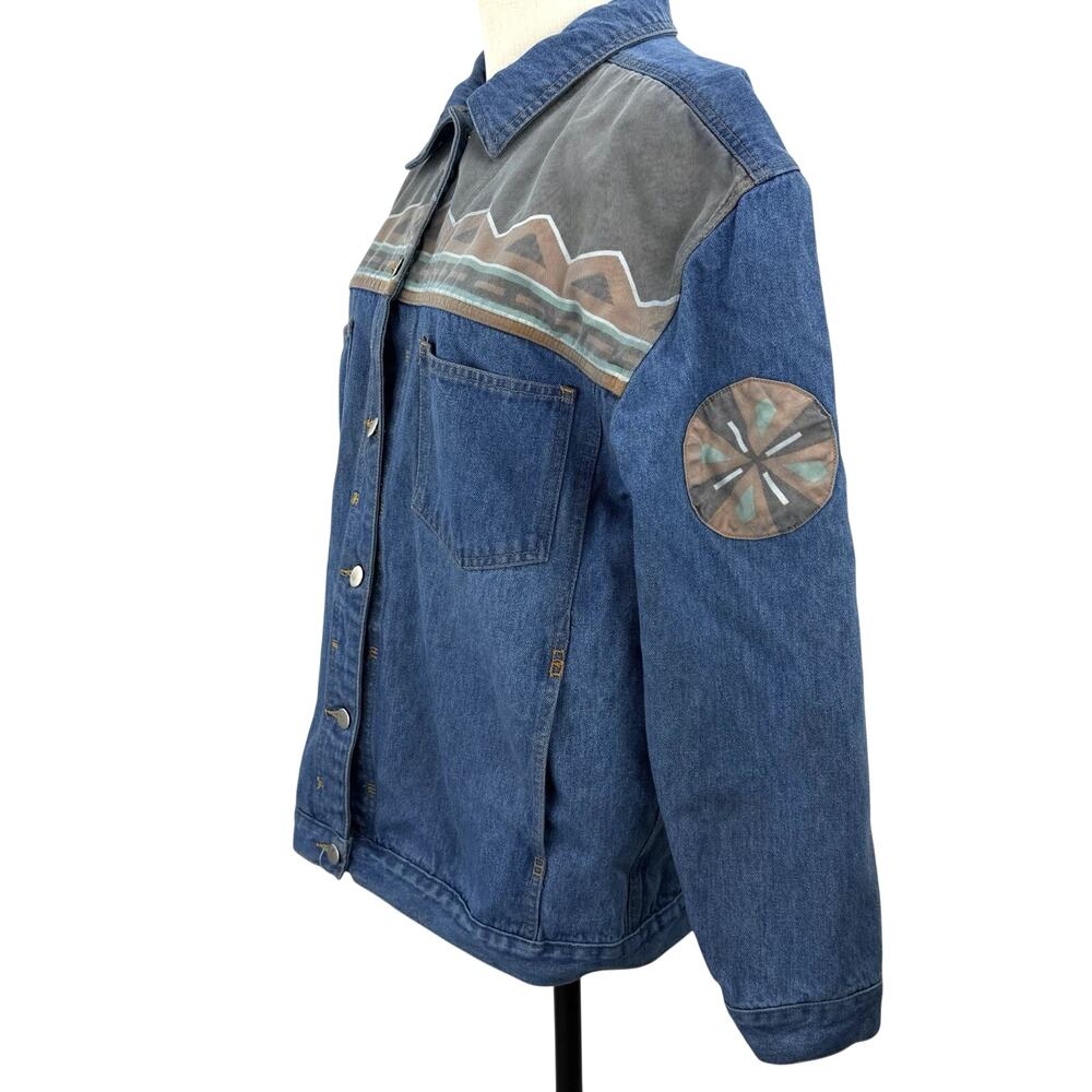 Vintage 90s Europa Denim Jacket Medium Southwestern Aztec Yoke Cowgirl Boho - Picture 4 of 10
